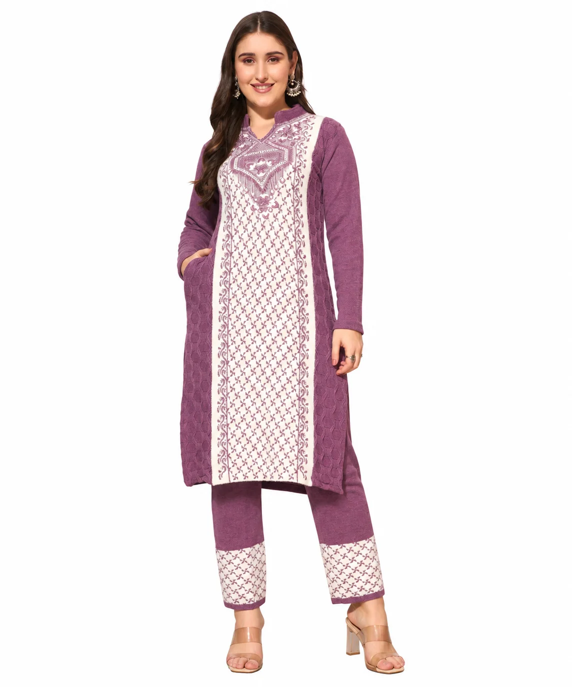 Anixa Women's Winter Woolen Diamond Printed Suit Purple-1