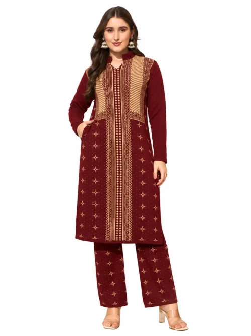 Anixa Women's Winter Woolen Patta Printed Suit Maroon-1