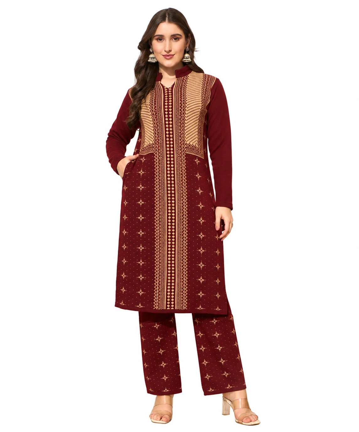 Anixa Women's Winter Woolen Patta Printed Suit Maroon-1