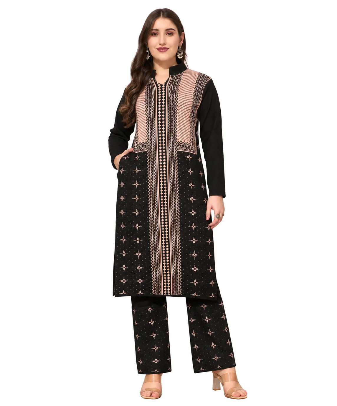 Anixa Women's Winter Woolen Patta Printed Suit Black-1
