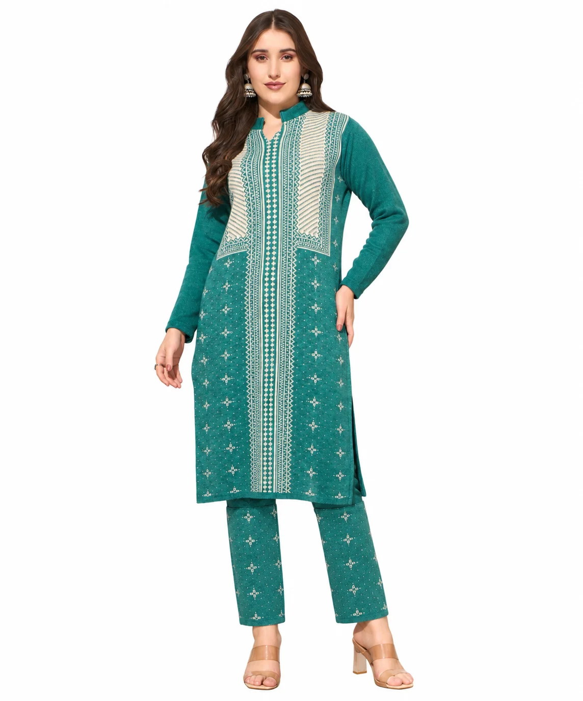 Anixa Women's Winter Woolen Patta Printed Suit Green-1