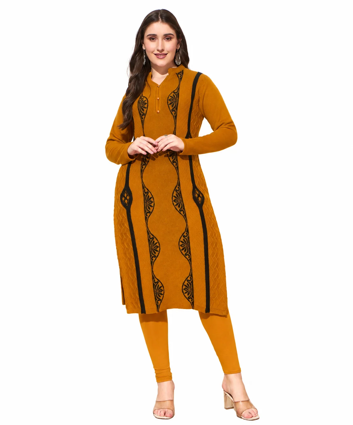 Anixa Women's Winter Woolen Button Kurti Mustard-1