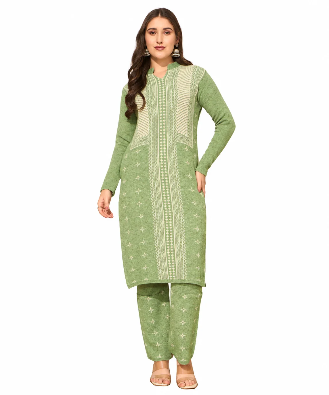 Anixa Women's Winter Woolen Patta Printed Suit Light Green-1