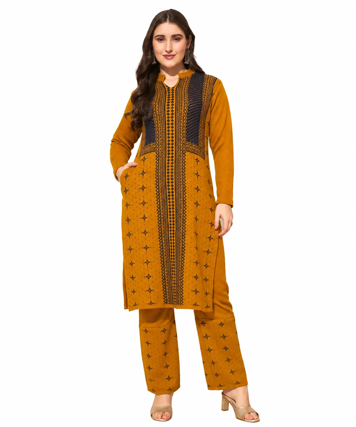 Anixa Women's Winter Woolen Patta Printed Suit Mustard-1