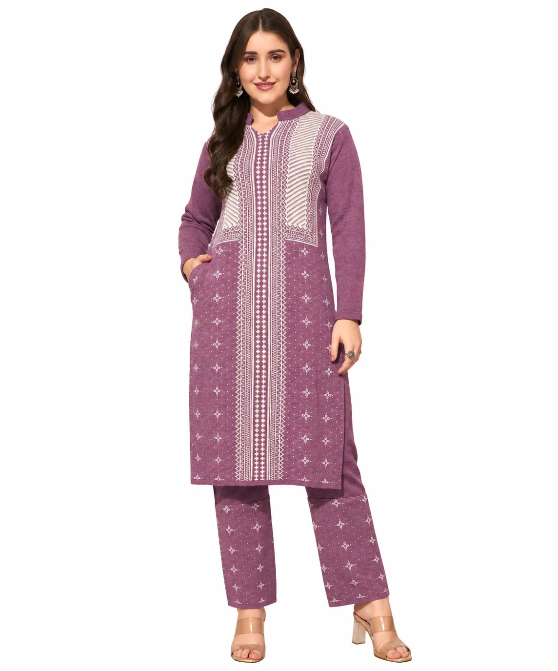 Anixa Women's Winter Woolen Patta Printed Suit Purple-1