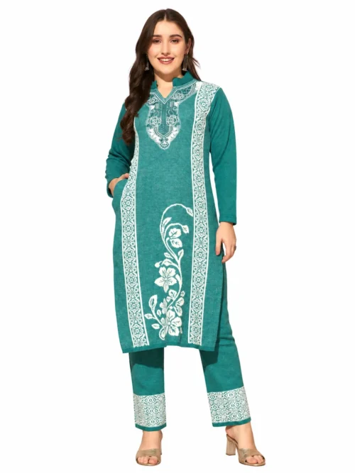 Anixa Women's Winter Woolen Rose Printed Suit Aqua-Blue-1