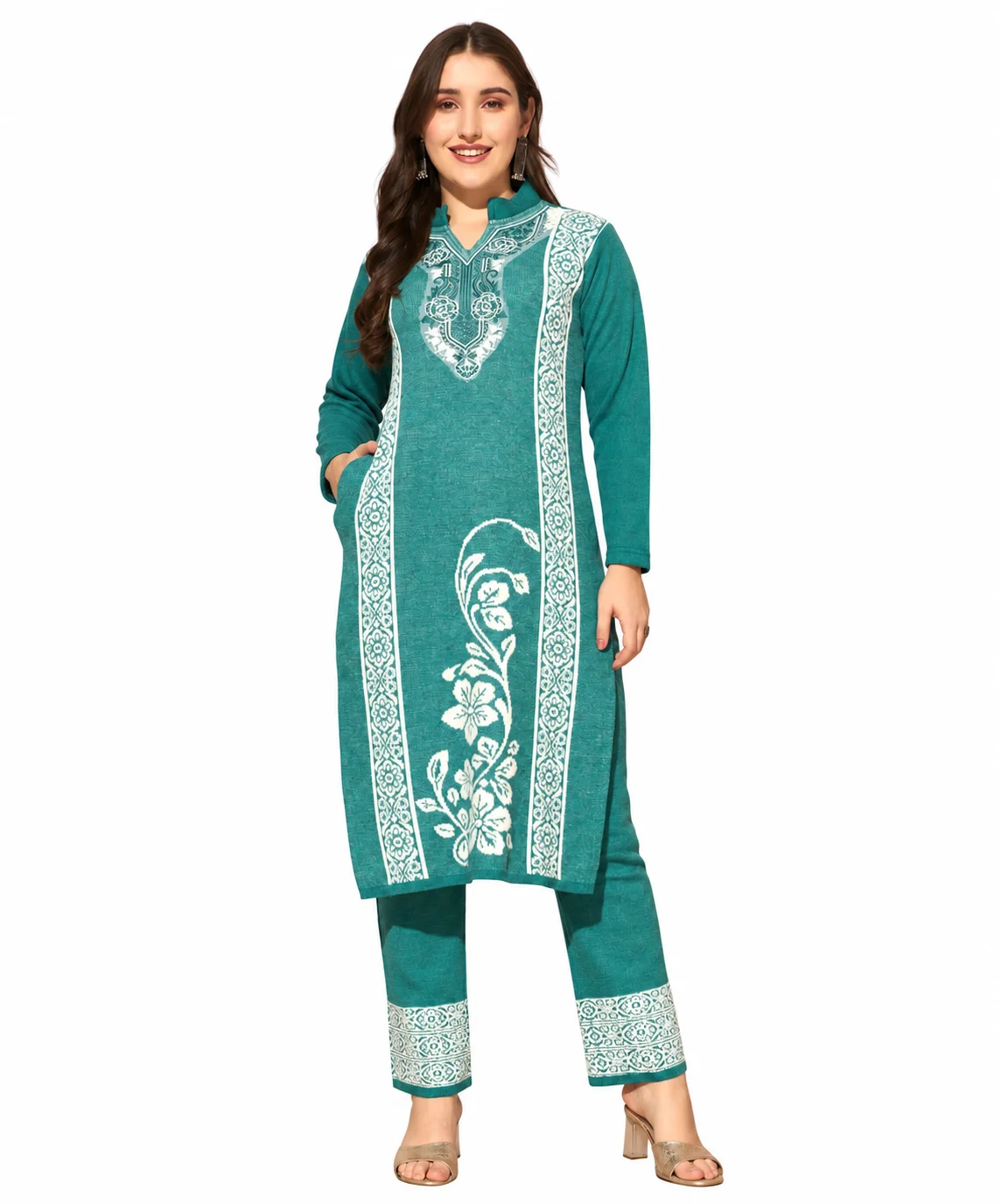 Anixa Women's Winter Woolen Rose Printed Suit Aqua-Blue-1