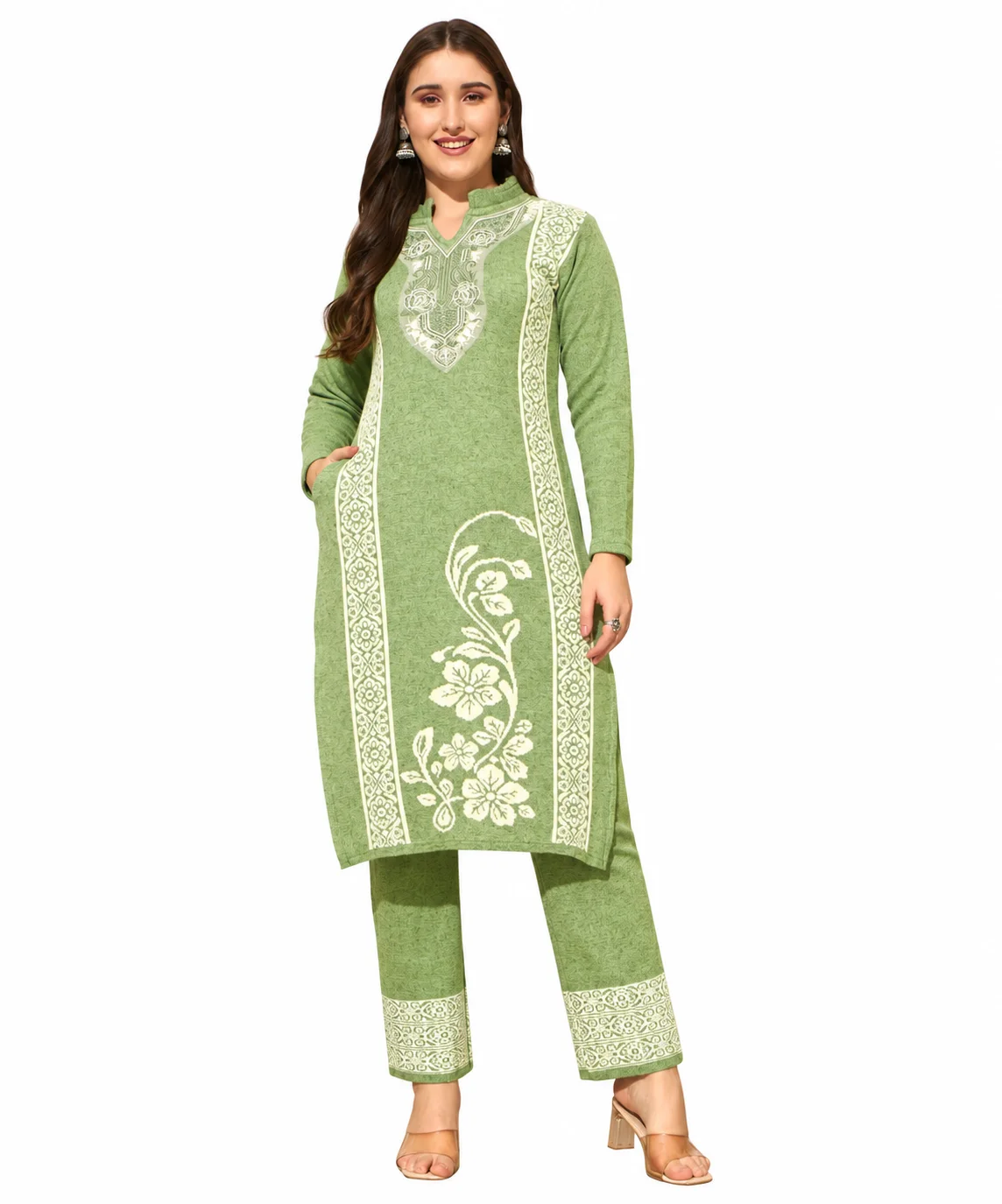 Anixa Women's Winter Woolen Rose Printed Suit LightGreen-1