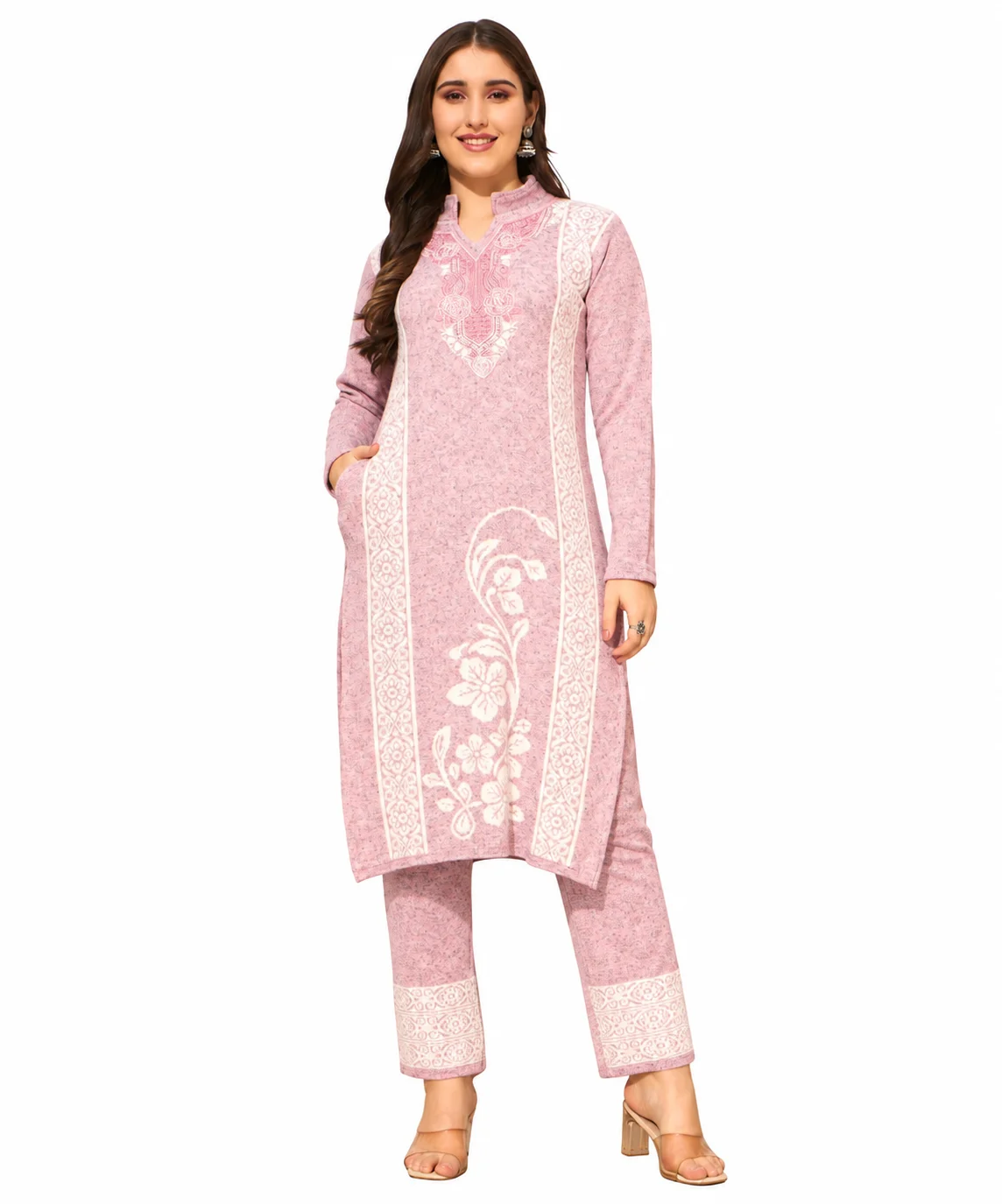 Anixa Women's Winter Woolen Rose Printed Suit Light Pink-1