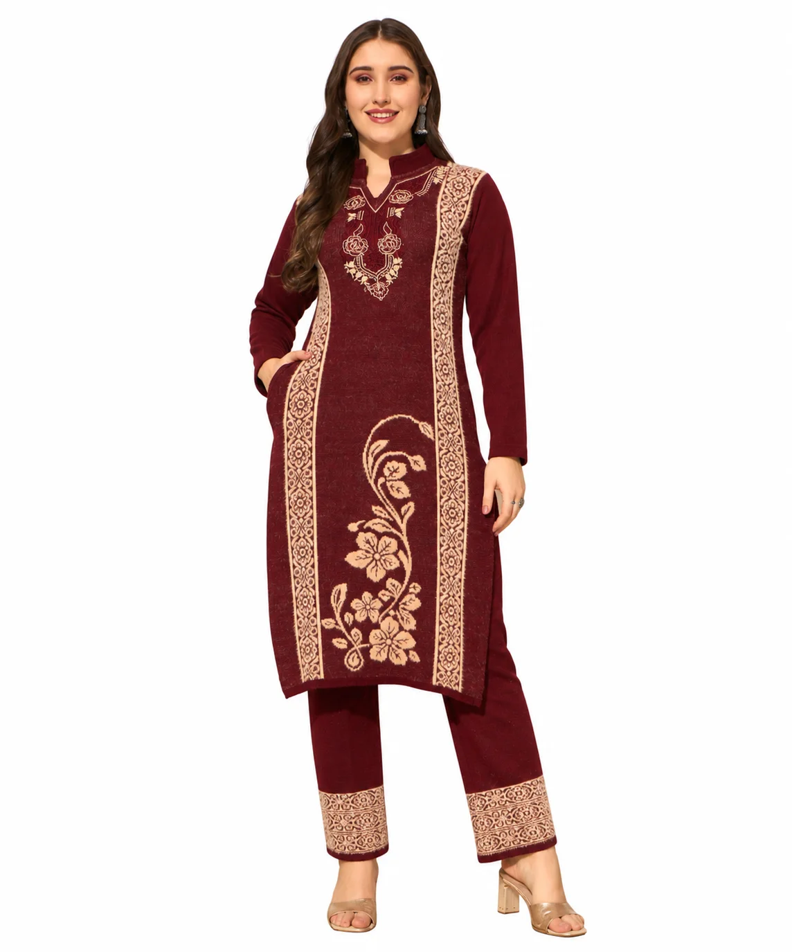 Anixa Women's Winter Woolen Rose Printed Suit Maroon-1