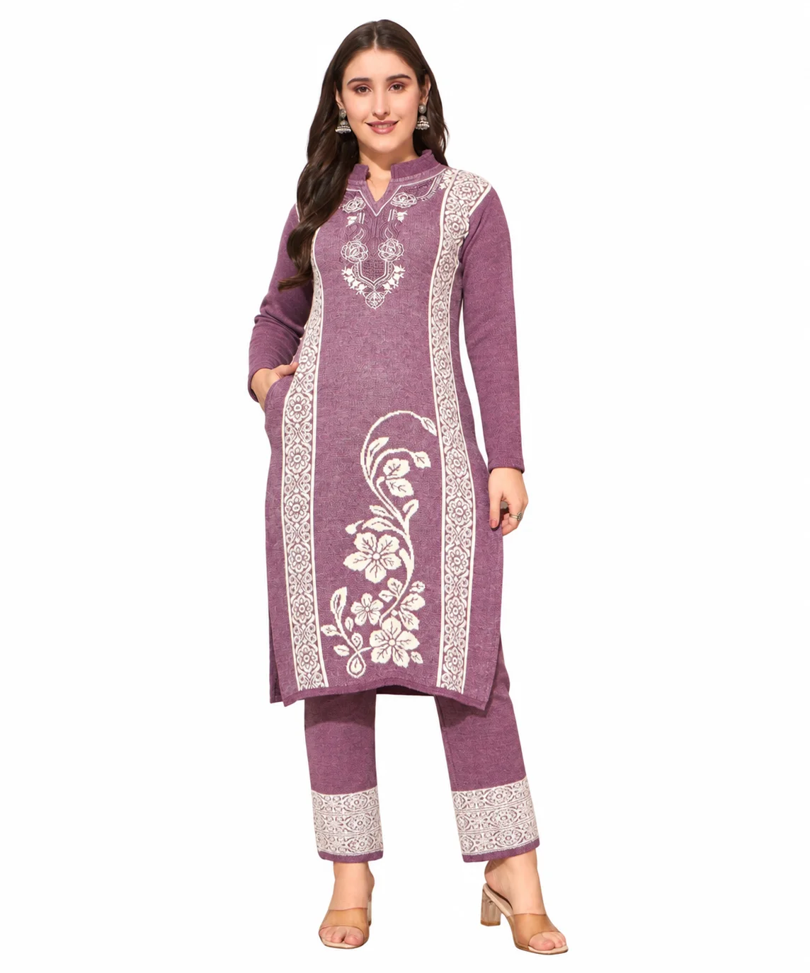 Anixa Women's Winter Woolen Rose Printed Suit Purple-1