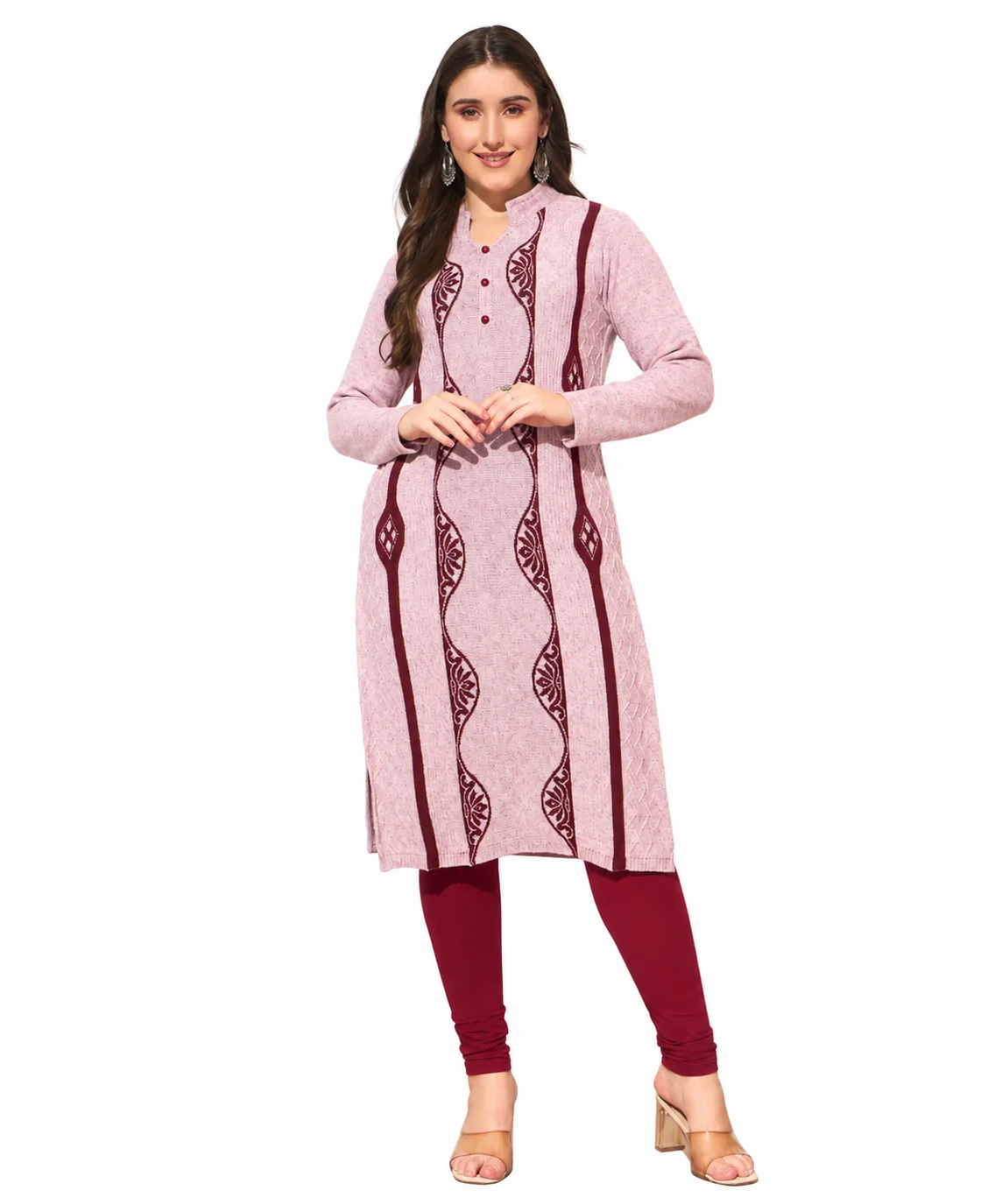 Anixa Women's Winter Woolen Button Kurti Pink-1