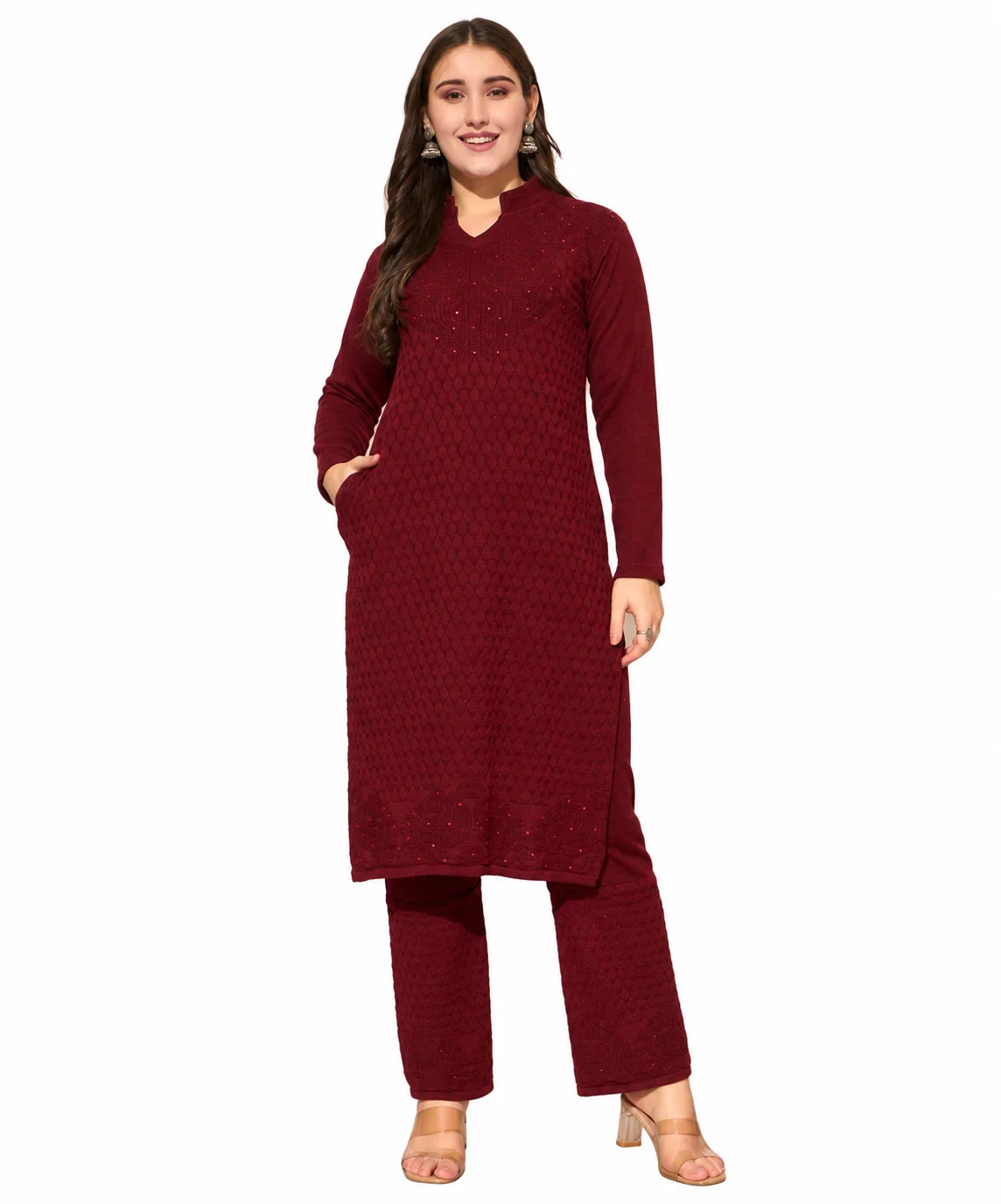 Anixa Women's Winter Woolen Sippi Suit Aqua Maroon-1 Anixa Women's Winter Woolen Sippi Suit Aqua Maroon-1