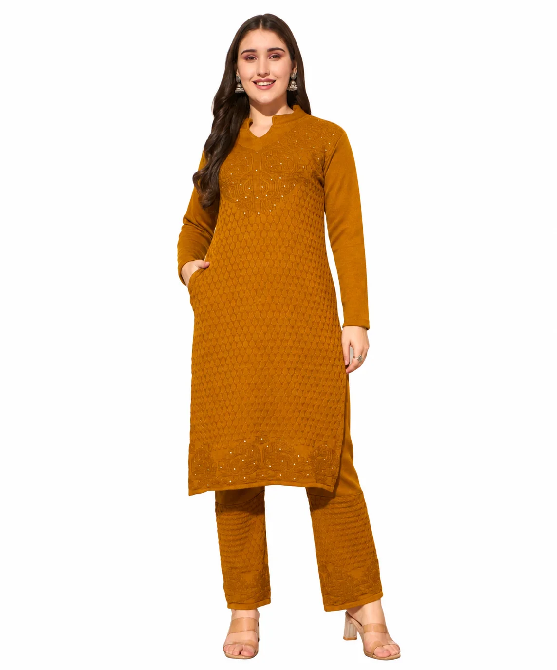 Anixa Women's Winter Woolen Sippi Suit Aqua Mustard-1 Anixa Women's Winter Woolen Sippi Suit Aqua Mustard-1