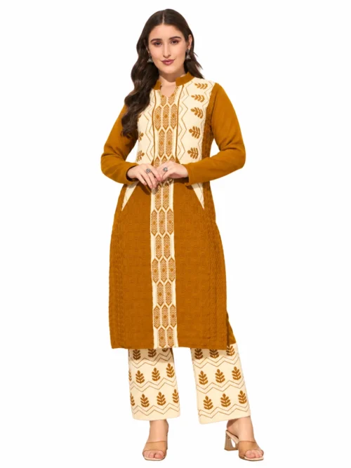 Anixa Women's Winter Woolen Tree Printed Suit Mustard-1