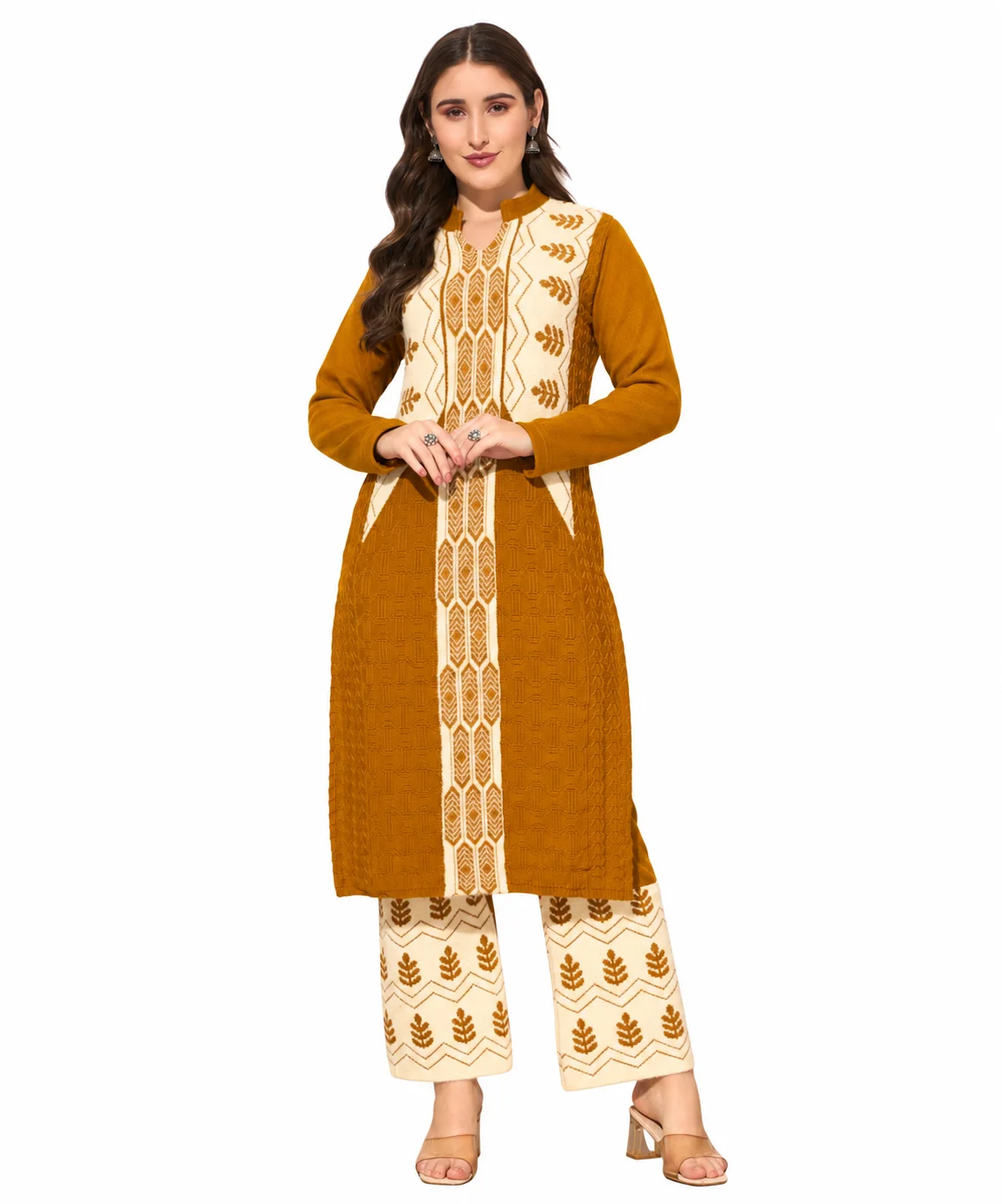 Anixa Women's Winter Woolen Tree Printed Suit Mustard-1