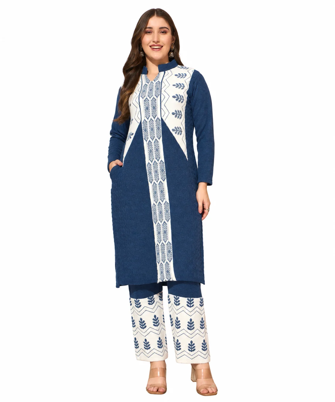 Anixa Women's Winter Woolen Tree Printed Suit Aquablue-1