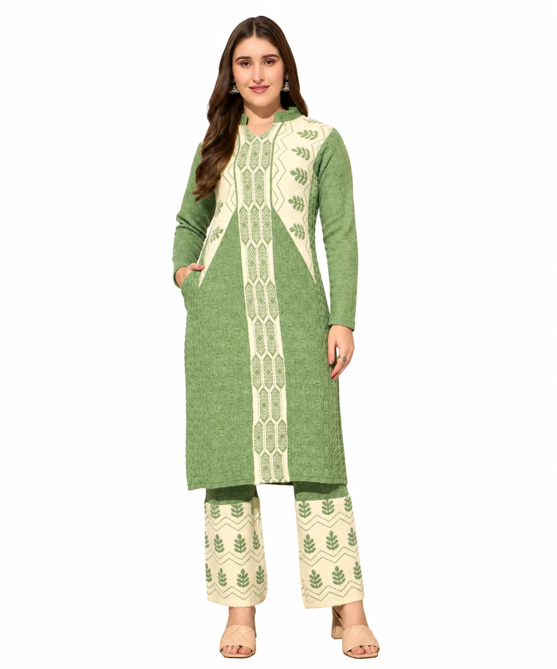 Anixa Women's Winter Woolen Tree Printed Suit Lightgreen-1