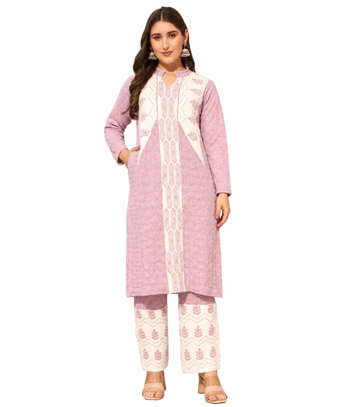 Anixa Women's Winter Woolen Tree Printed Suit Lightpink-1