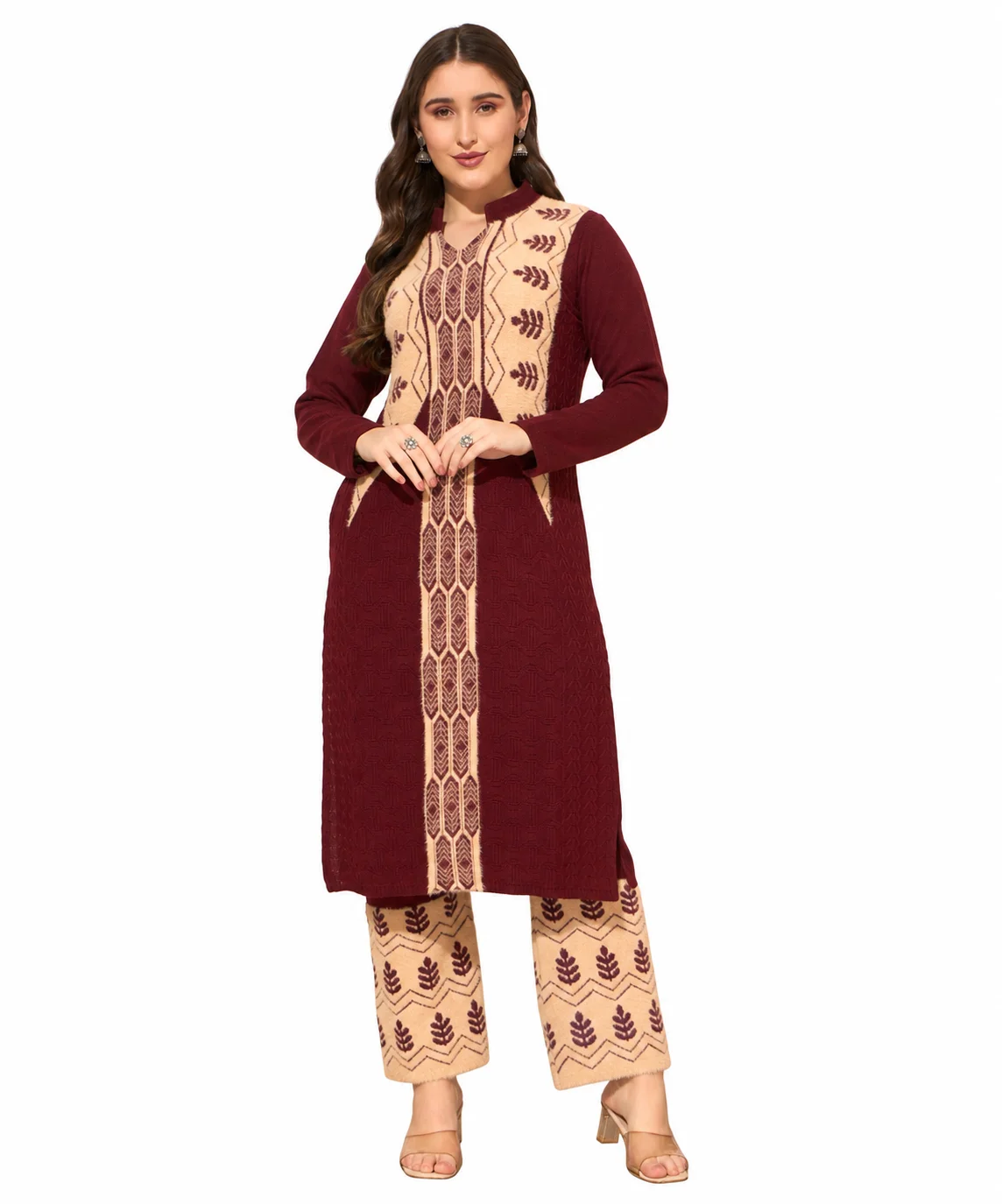 Anixa Women's Winter Woolen Tree Printed Suit Maroon-1