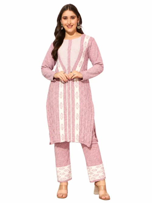 Anixa Women's Winter Woolen V Strip Printed Suit Light Pink-1