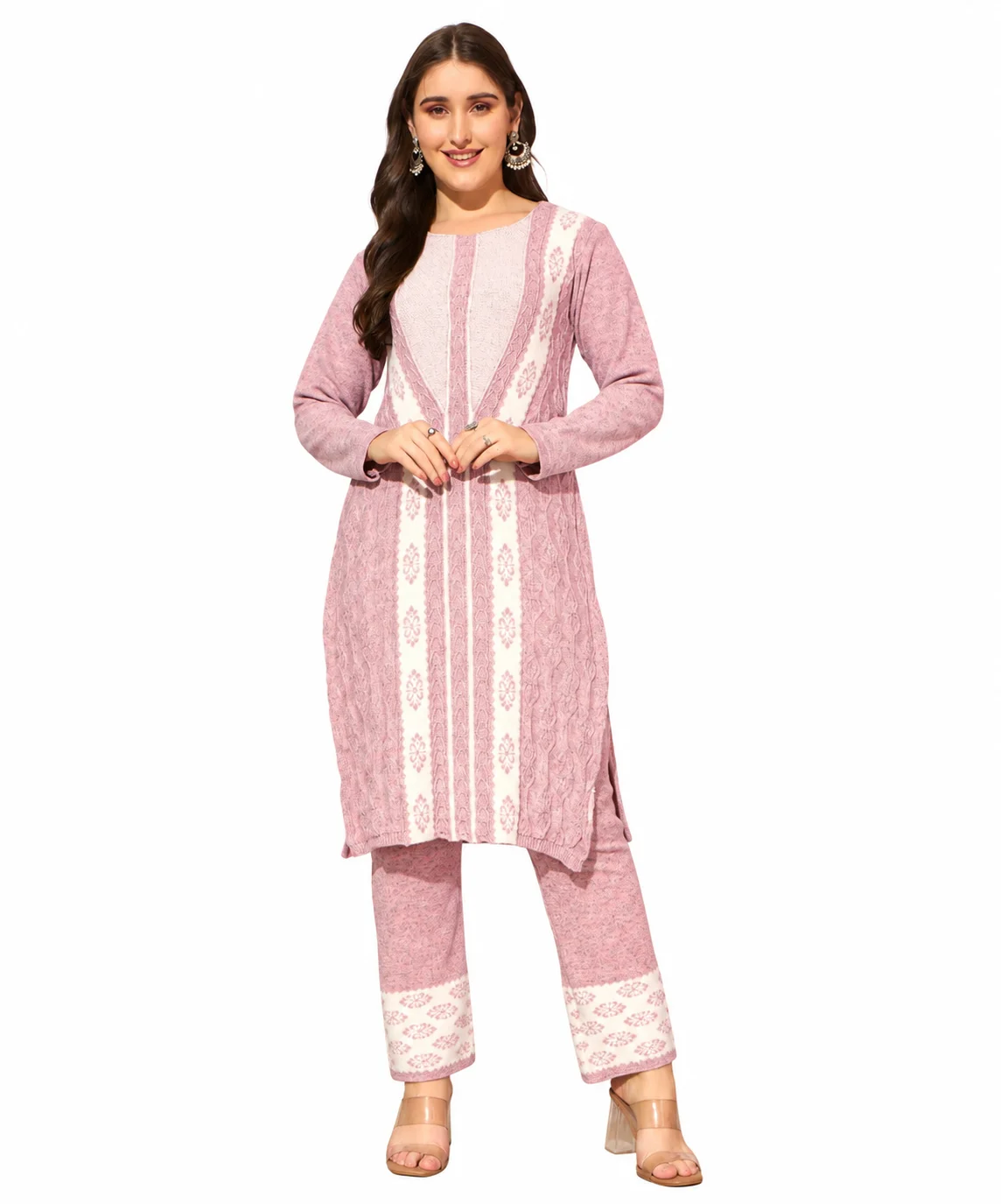 Anixa Women's Winter Woolen V Strip Printed Suit Light Pink-1