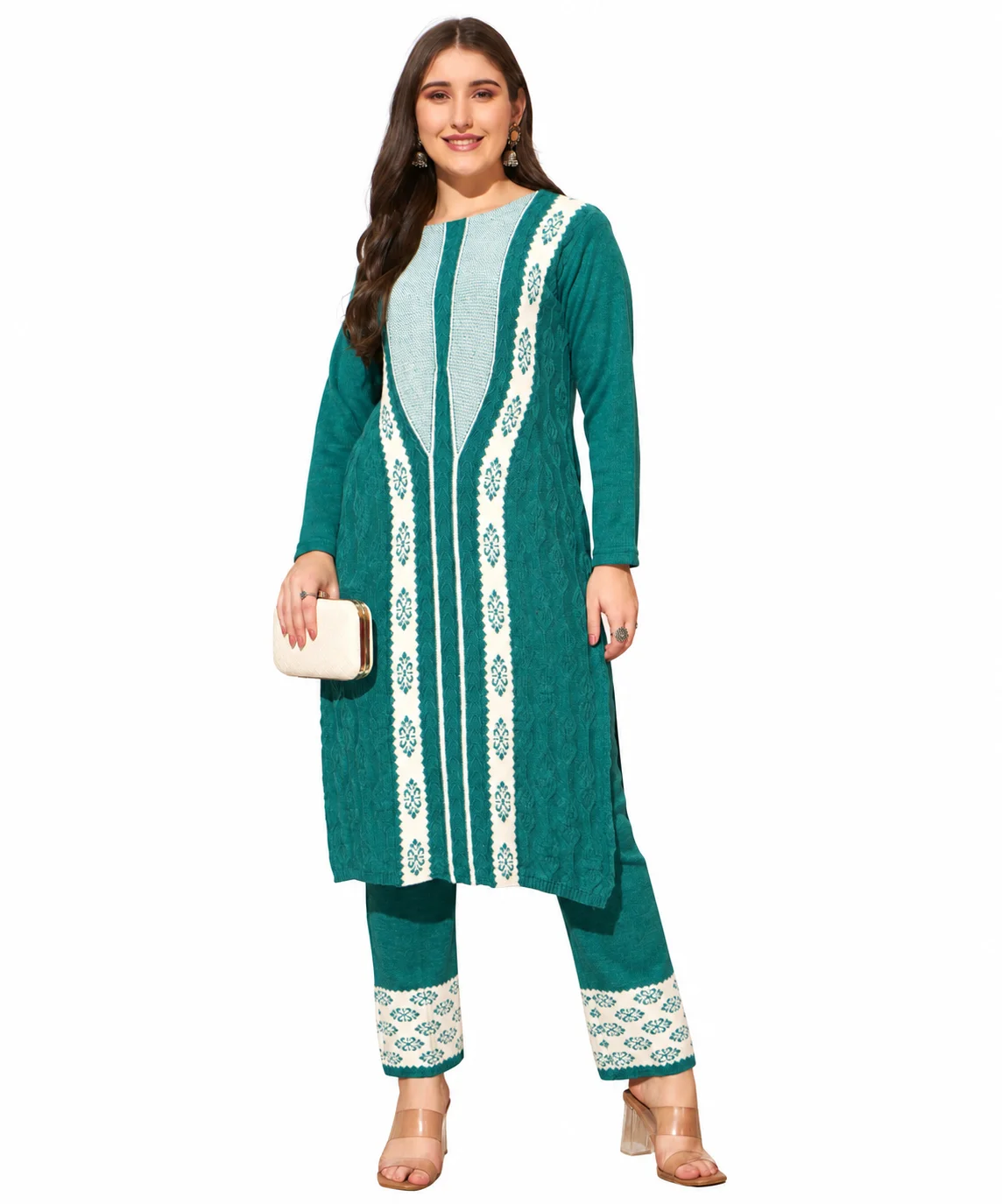 Anixa Women's Winter Woolen V Strip Printed Suit Aqua Blue-1