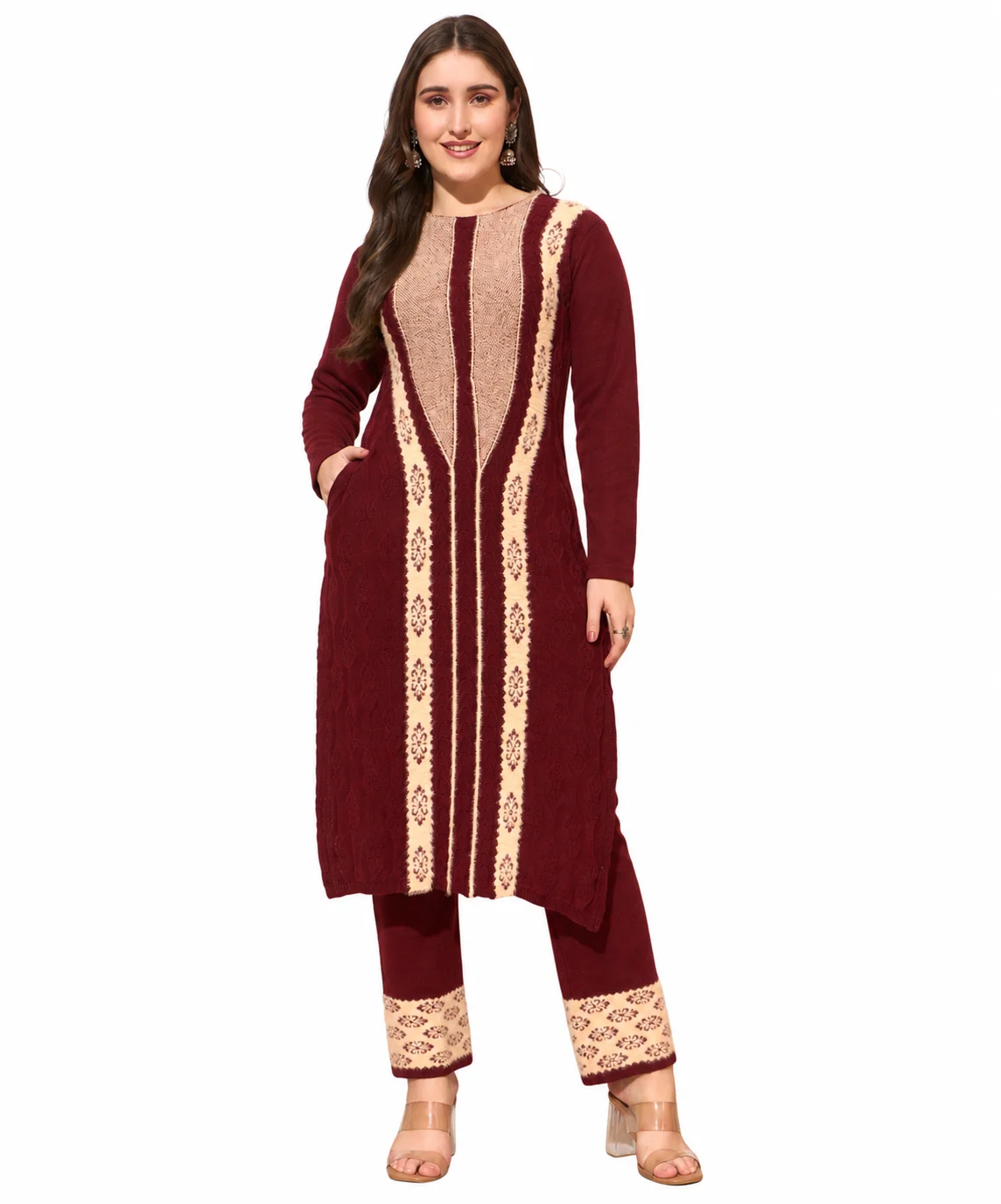 Anixa Women's Winter Woolen V Strip Printed Suit Maroon-1