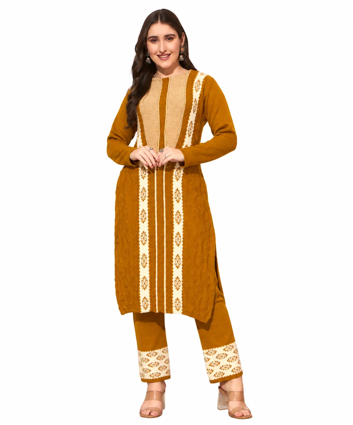 Anixa Women's Winter Woolen V Strip Printed Suit Mustard-1
