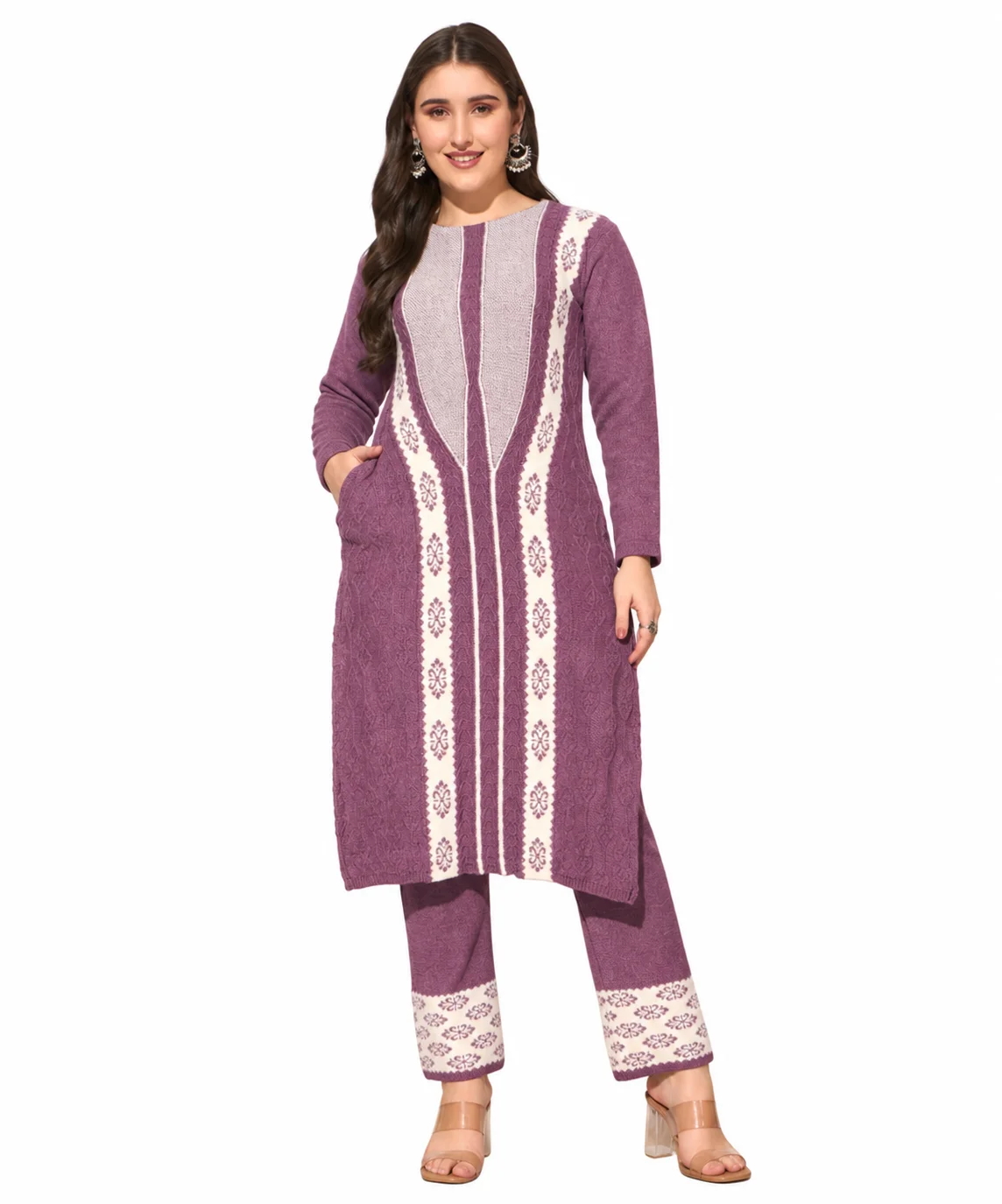 Anixa Women's Winter Woolen V Strip Printed Suit Purple-1