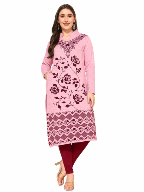 Anixa Women's Woolen Flower Printed Winter Kurti Light Pink-1