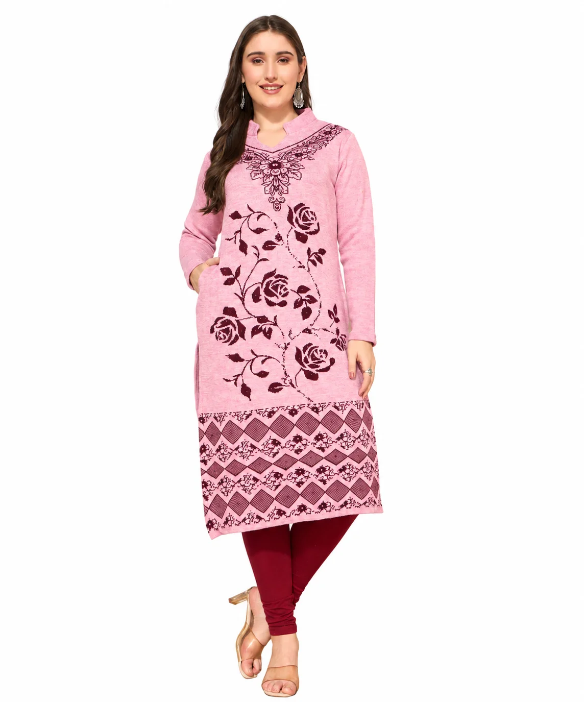 Anixa Women's Woolen Flower Printed Winter Kurti Light Pink-1