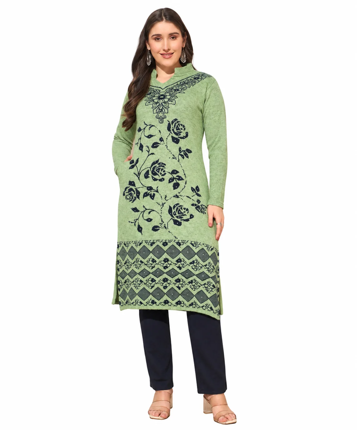 Anixa Women's Woolen Flower Printed Winter Kurti Light Green-1