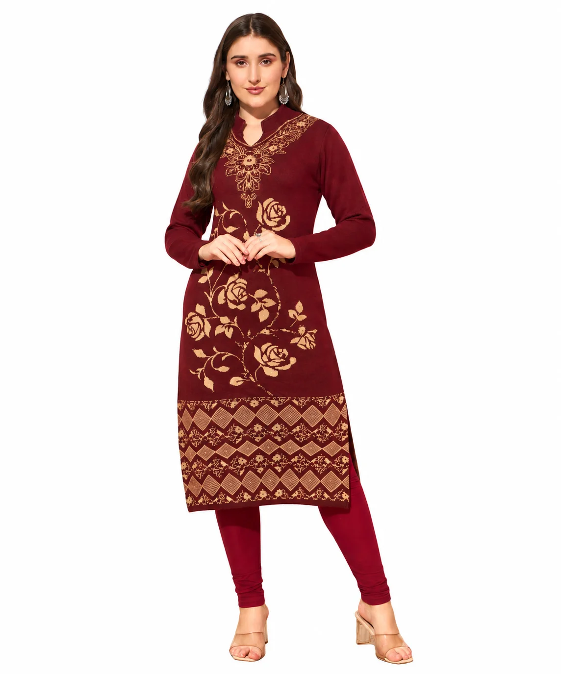Anixa Women's Woolen Flower Printed Winter Kurti Maroon-1