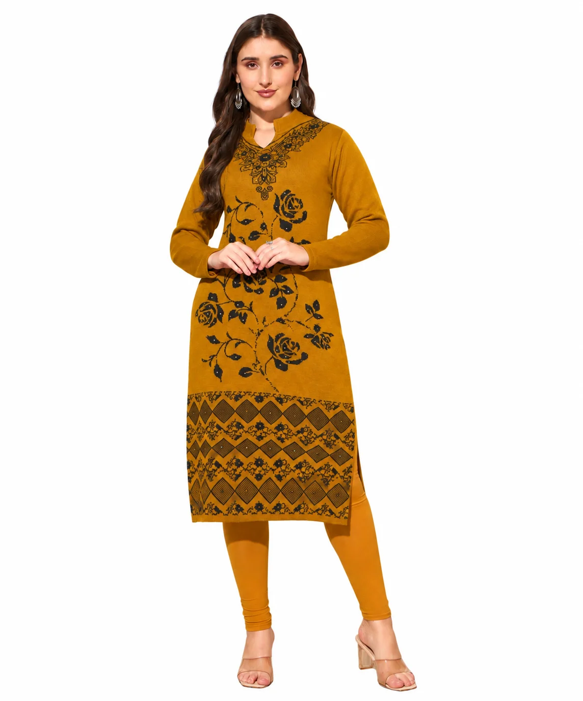 Anixa Women's Woolen Flower Printed Winter Kurti Mustard-1