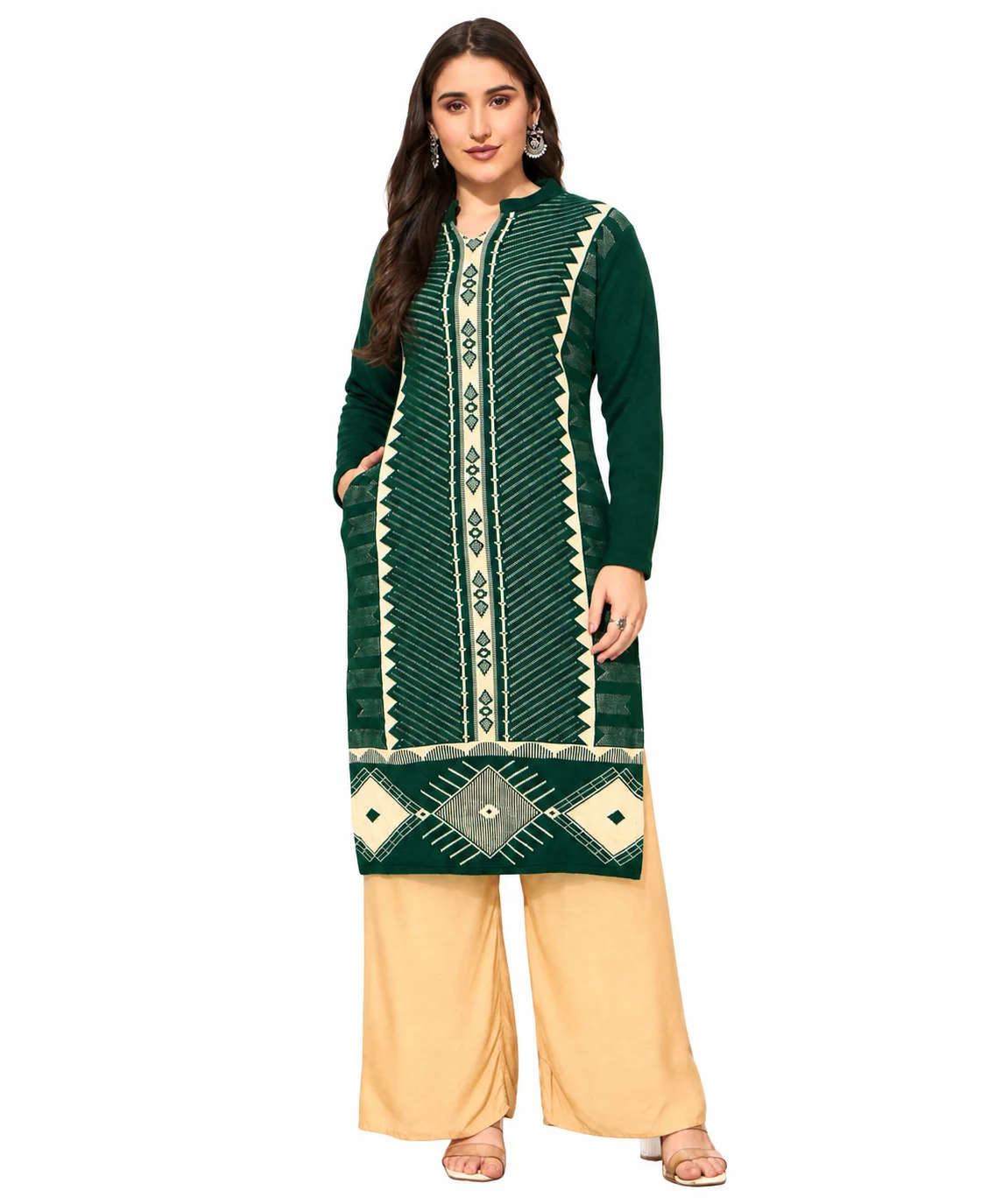 Anixa Women's Winter Woolen Line Pattern Kurti Green-1