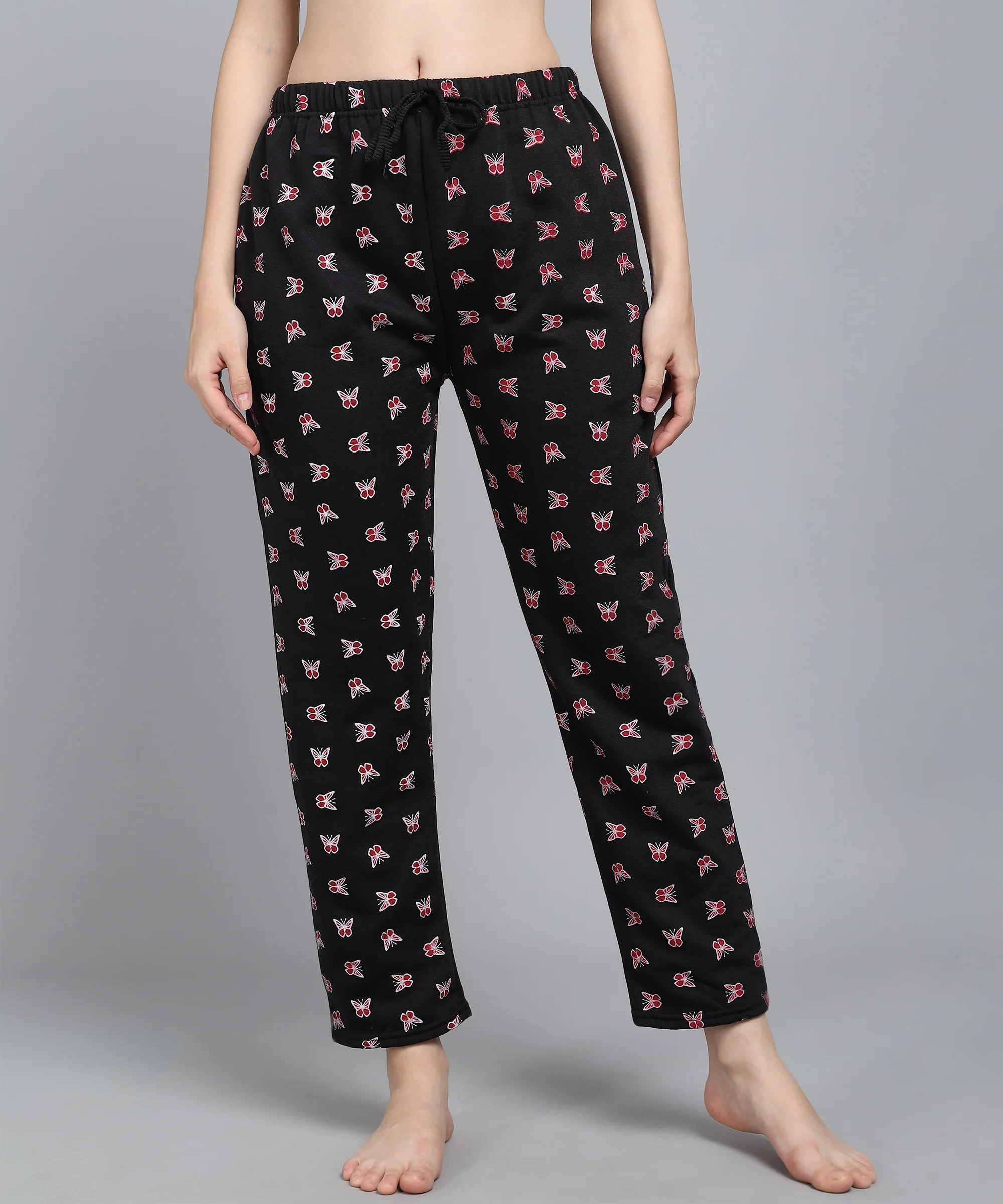 Anixa Women's Butterfly Printed Woolen Pyjama Black-1