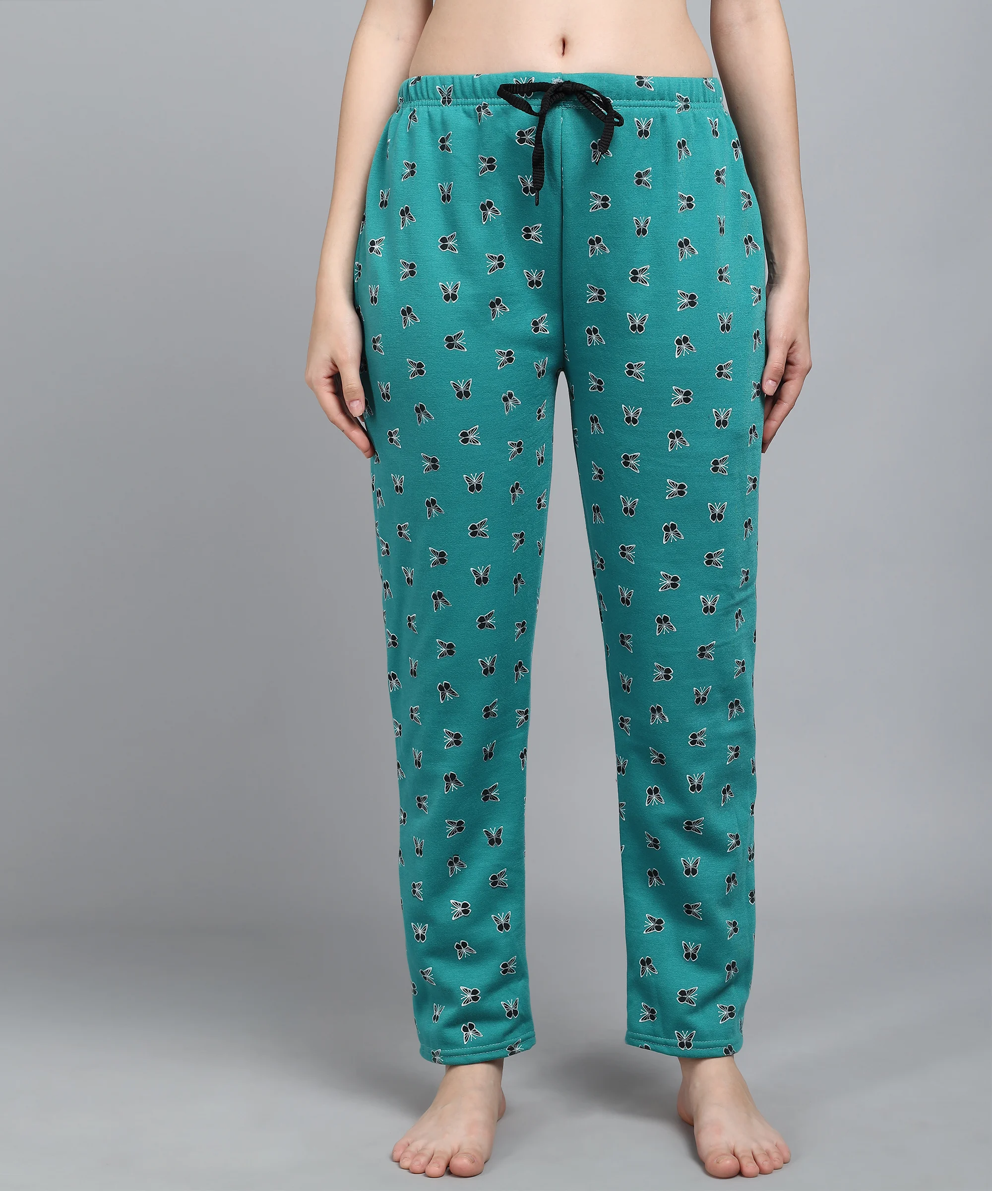 Anixa Women's Butterfly Printed Woolen Pyjama Green-1