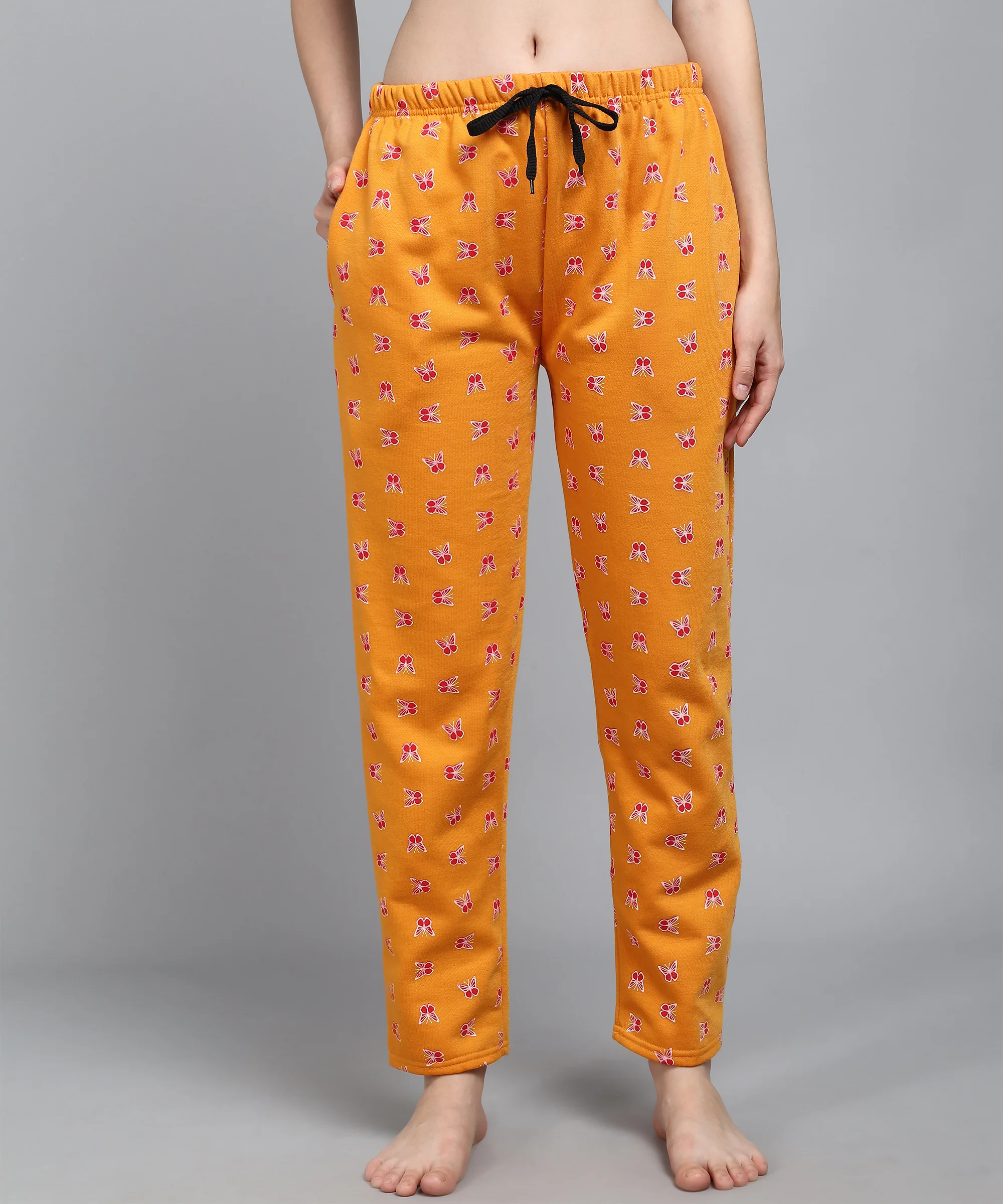 Anixa Women's Butterfly Printed Woolen Pyjama Mustard-4