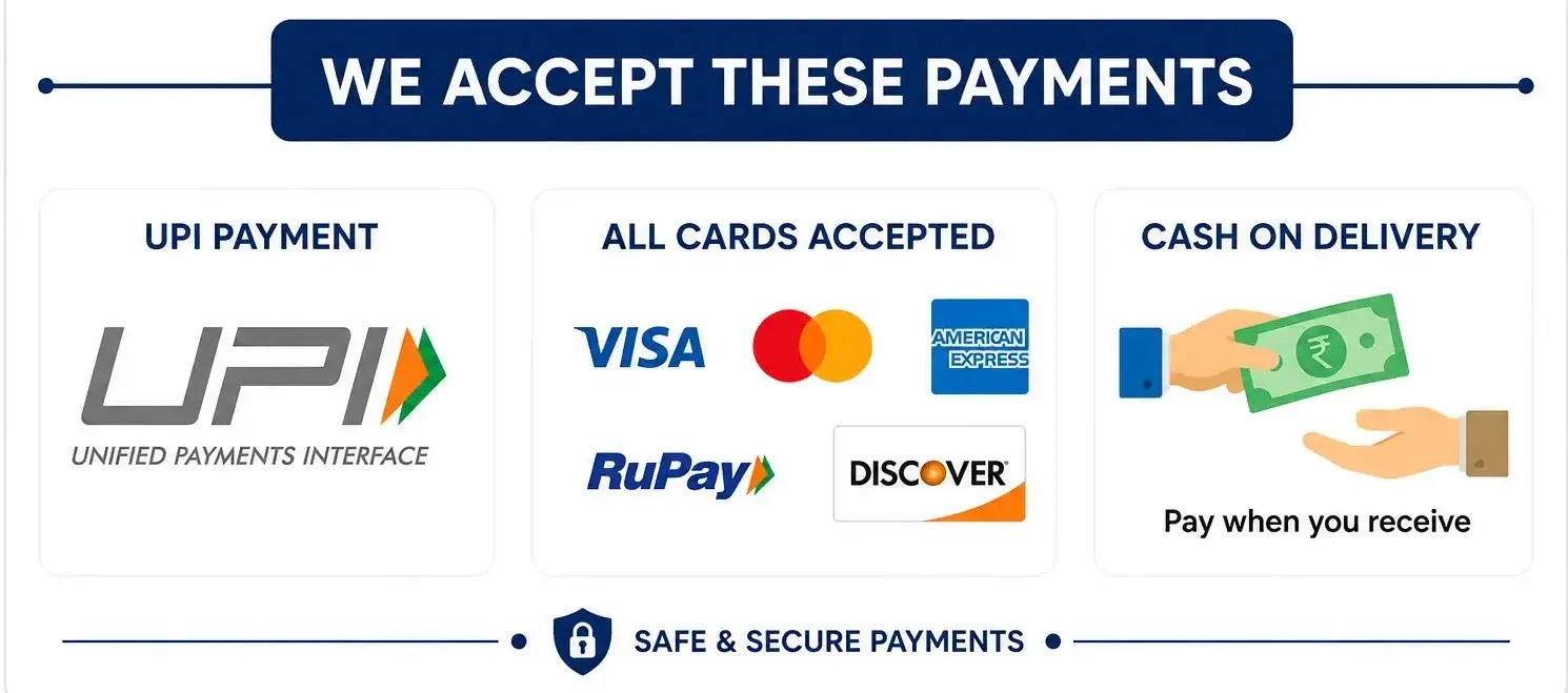 Accepted payment methods — cards, UPI, net banking, cash on delivery