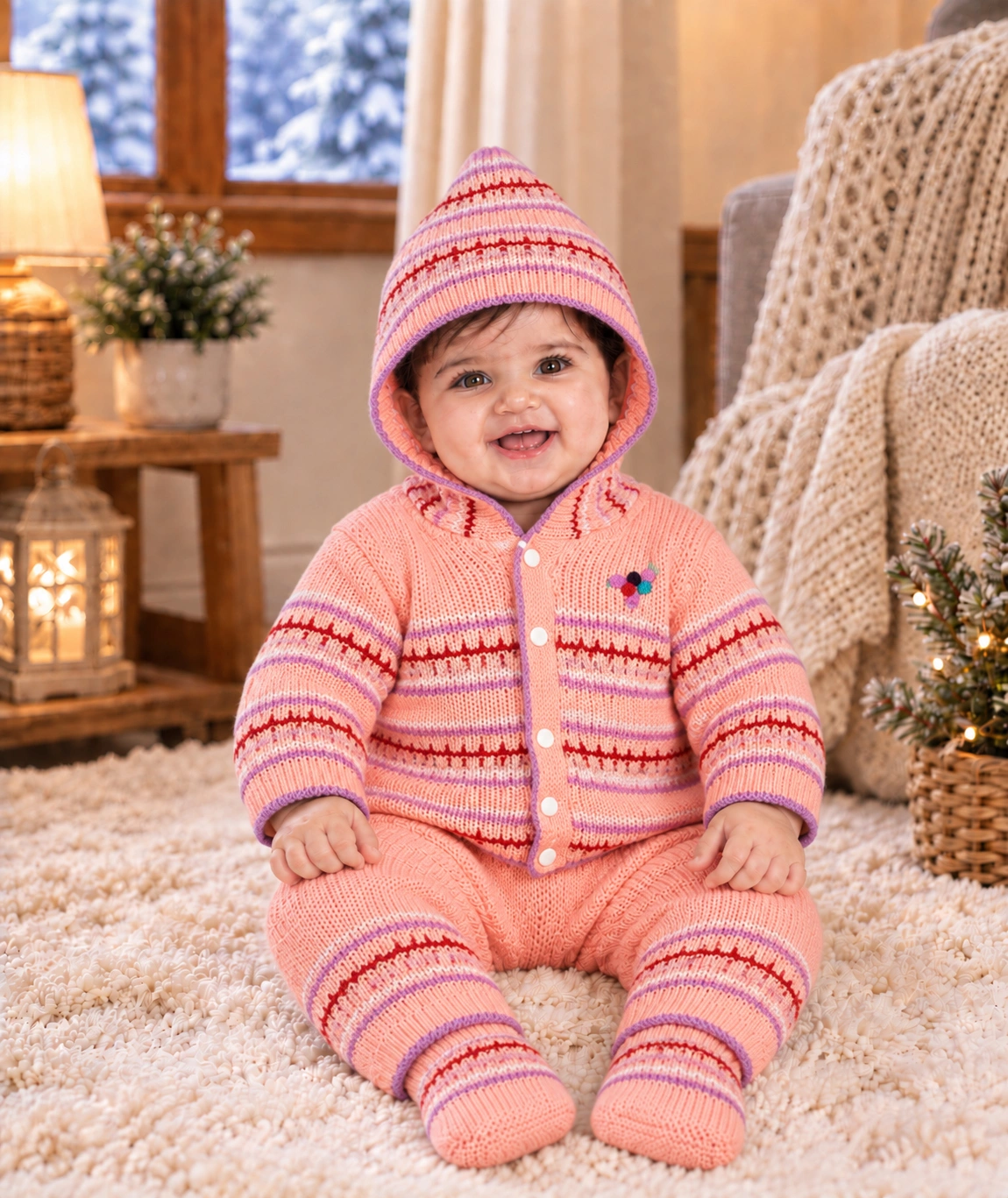 Anixa Kids 3 Piece Woolen Sweater Set - Peach 1
