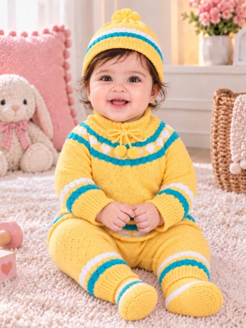 Anixa Kids 4 Piece Heart Printed Woolen Sweater Set- Yellow 1