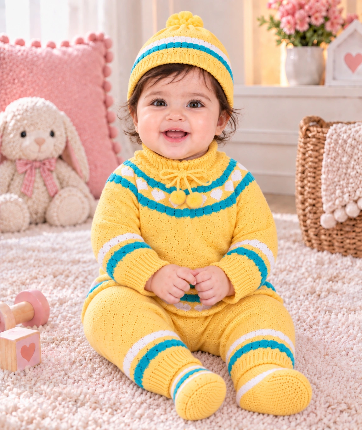Anixa Kids 4 Piece Heart Printed Woolen Sweater Set- Yellow 1