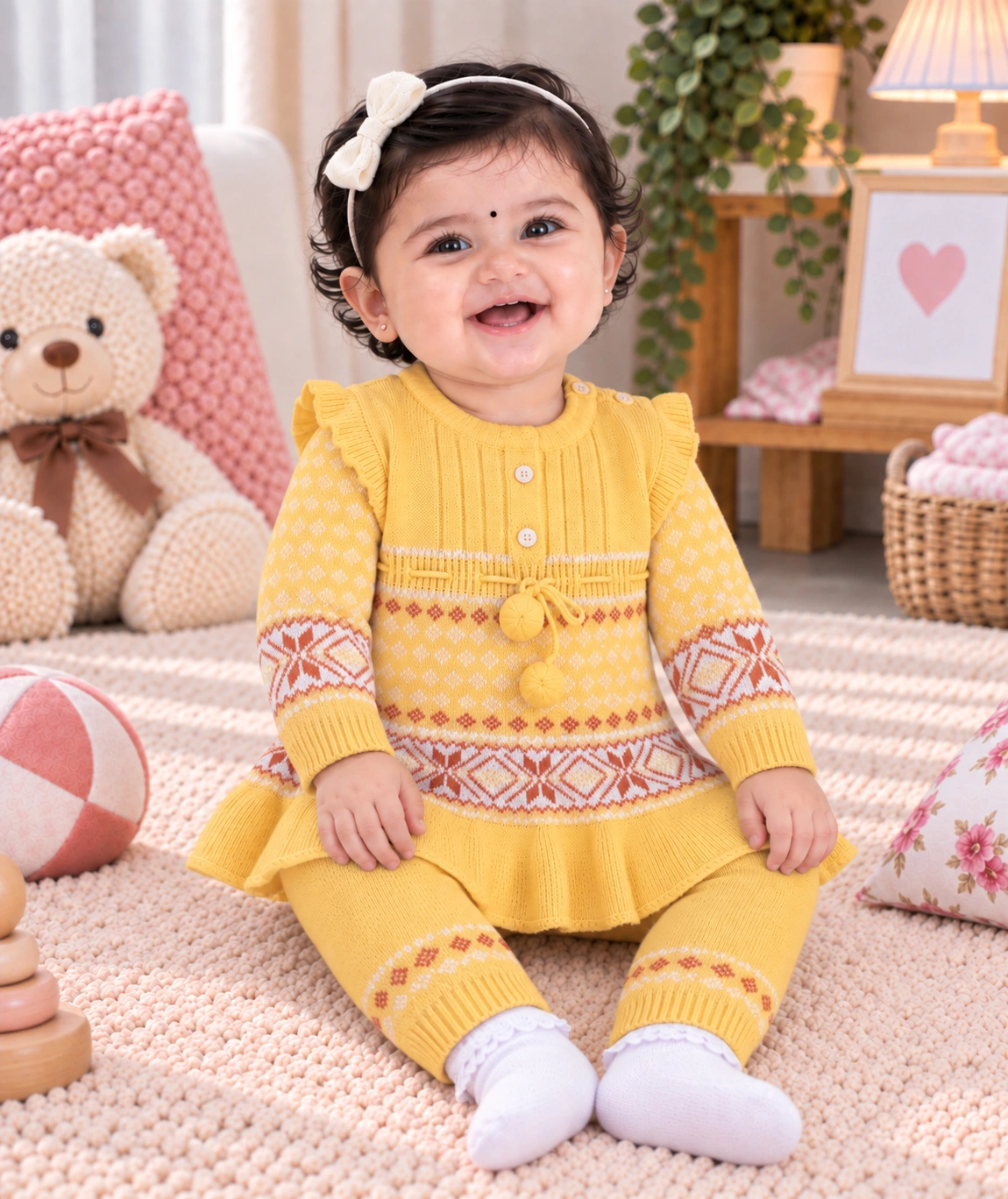 Anixa Girls 2 Piece Woolen Sweater Set Yellow -1