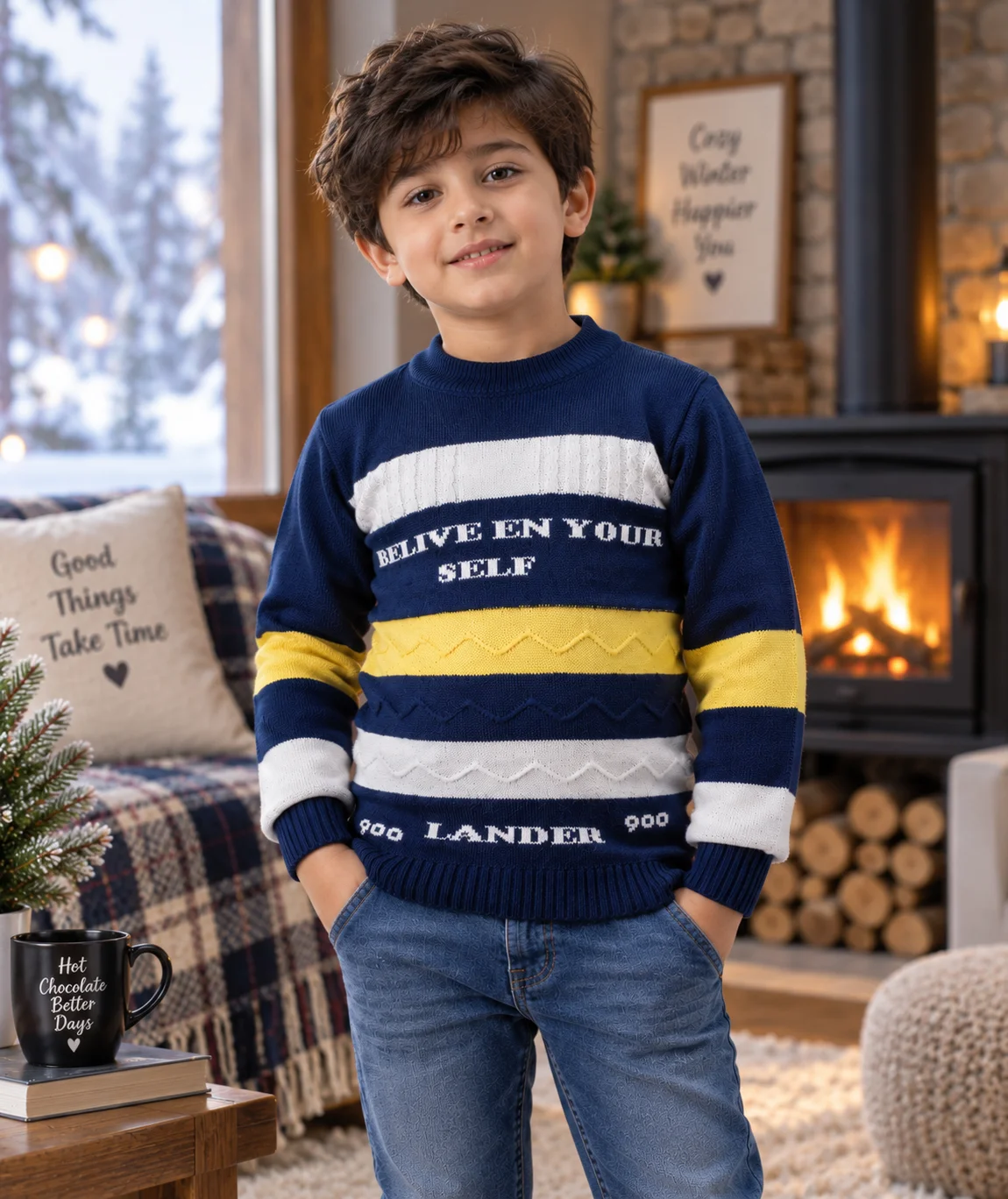 Anixa Kids Woolen Printed Sweater Navy-1