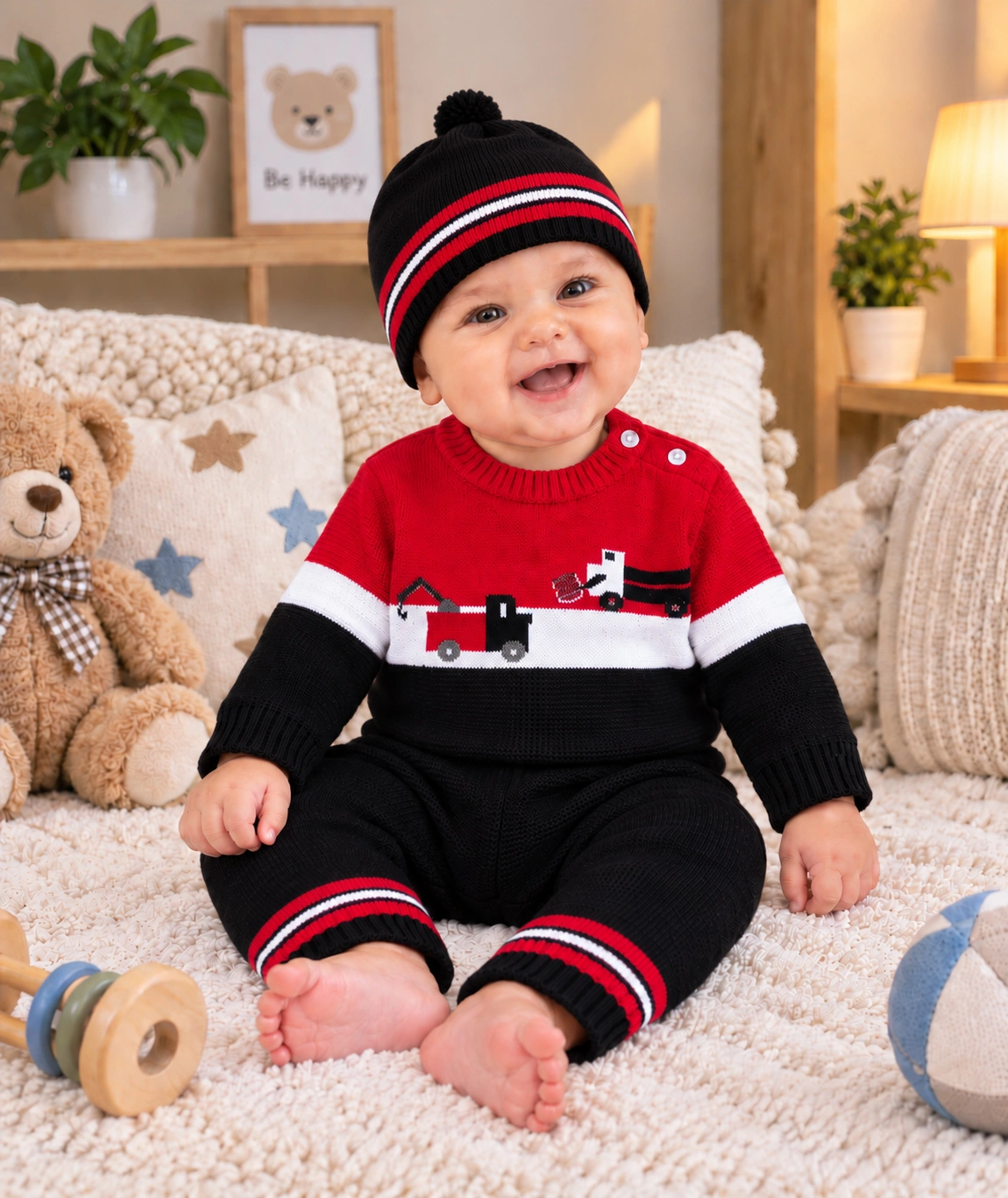 Anixa Kids 3 Piece Truck Design Knitted Sweater Set Red -1