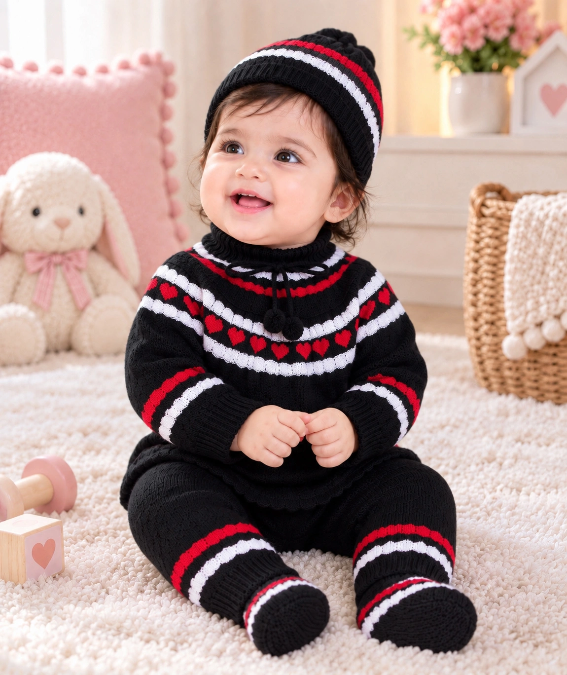 Anixa Kids 4 Piece Heart Printed Woolen Sweater Set- Black 1