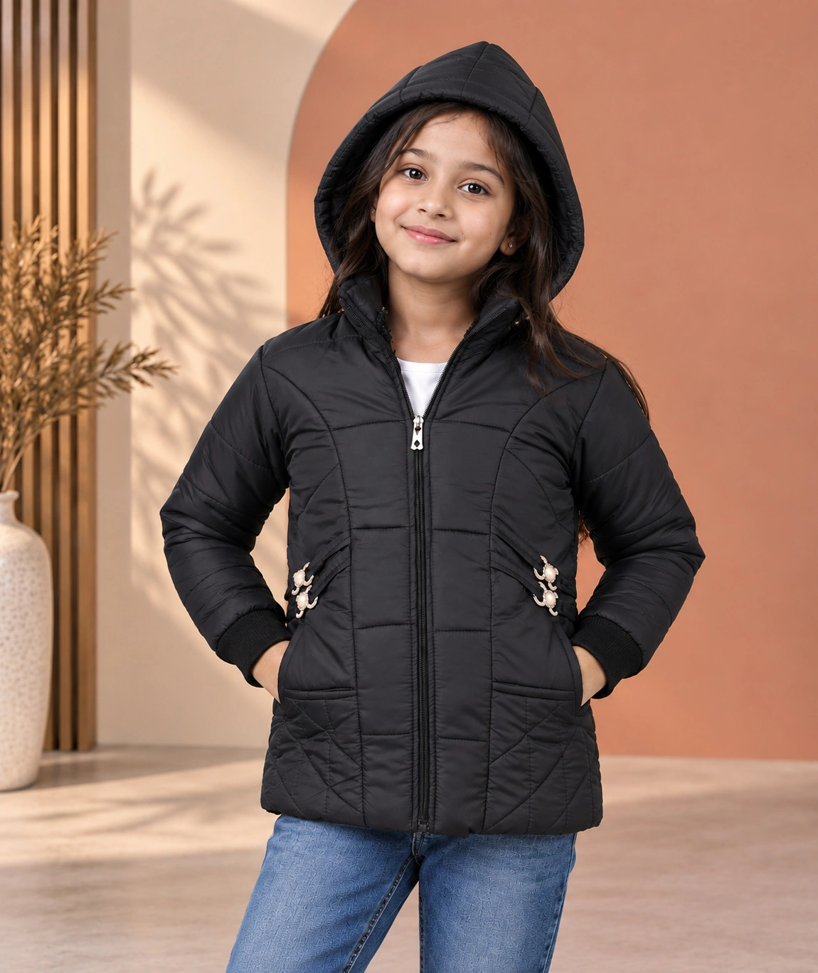 Anixa Girls Moti Quilted Winter Jacket Black -1