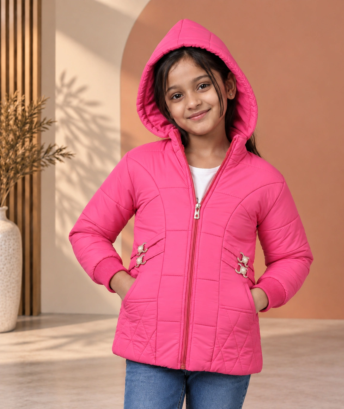 Anixa Girls Moti Quilted Winter Jacket Pink -1