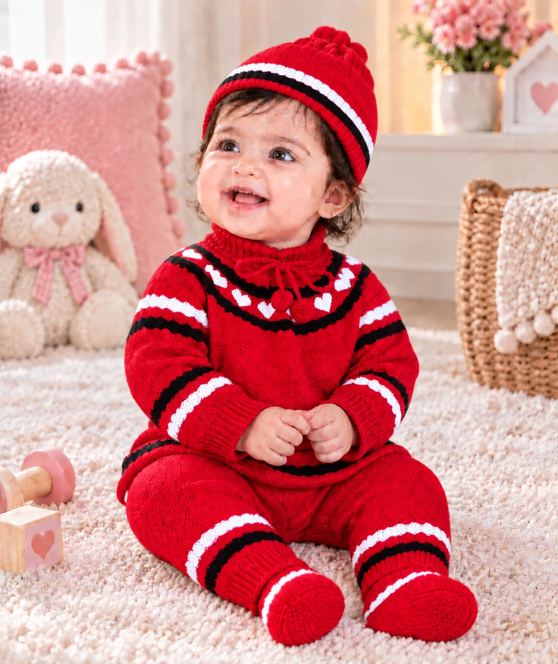 Anixa Kids 4 Piece Heart Printed Woolen Sweater Set Red 1